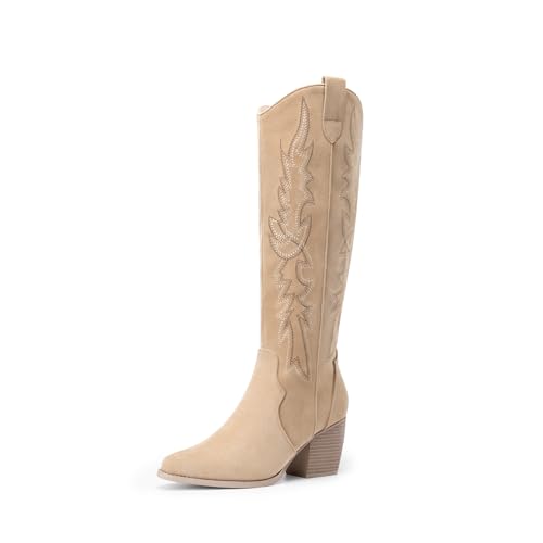 Image of DREAM PAIRS Womens Cowboy Boots Wide Calf Comfortable Pull On Zipper Chunky Heel Pointed Toe Embroidered Western Cowgirl Knee High Boots Ladies Retro Tall Boot