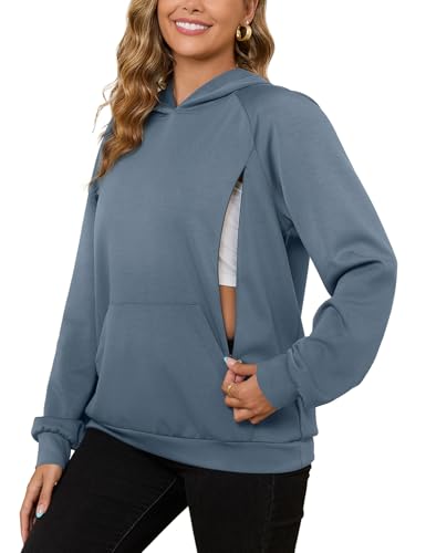 Image of Bhome Nursing Sweatshirt Hoodie for Breastfeeding with Hidden Zippers Maternity Breast Pumping Tops Kangaroo Pocket