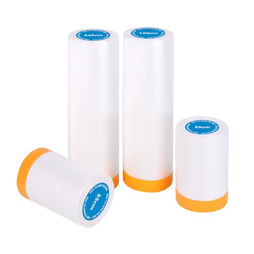 4 Rollen Abdeckfolie mit Klebeband, Abdeckfolie Maler Transparent (55cm*20Mx 2 ; 150cm * 20m x 1 ; 240cm *15m x 1), Abklebeband mit Folie zum Staubschutz, Selbstklebende Malerfolie, Goldband Malerband