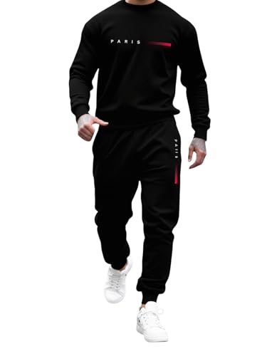 Paris Athletic Tracksuit, Black Sweatshirt and Joggers Set with Red Accent, Casual Streetwear for Men