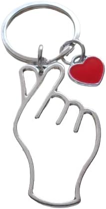 Korean Hand Heart Symbol Charm Keychain with Red Heart Charm, Couples Keychain