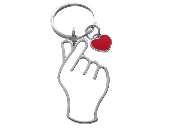 JewelryEverydayKorean Hand Heart Symbol Charm Keychain with Red Heart Charm, Couples Keychain
