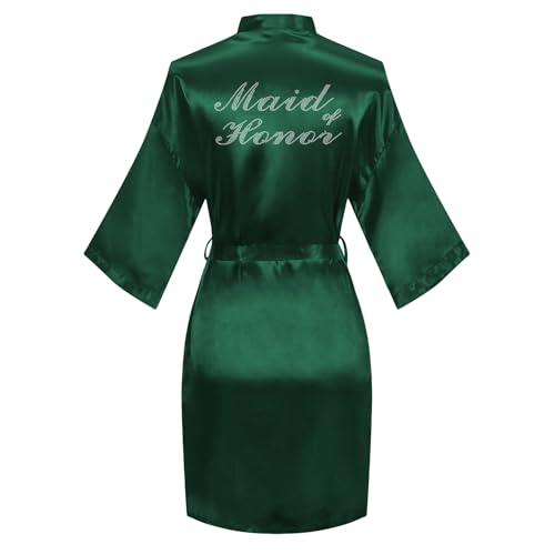 Image of Women's Bride Bridesmaid Robes Short Satin One Size Silver Rhinestones Wedding Party Getting Ready Sleepwear