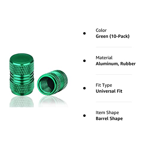 Green Tire Valve Stem Caps Aluminum Alloy Wheel Rim Air Dust Covers With Rubber Seal Universal Fit Car Truck Suv Motorcycle, Easy Grip, Screw-On, Leakproof, Airtight, Outdoors (10 Pack) #TOP7