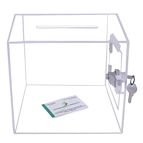 Image of Rasper Transparent Acrylic Donation Box Daan Patra Daan Peti Visiting Card Drop Ballot Charity & Coupon Collection Box (Small Size 6x6x6 Inches, Square Shape) with Lock Facility