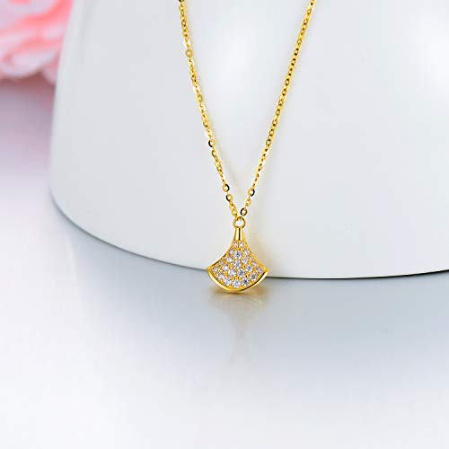 18K Solid Gold Skirt Necklace Jewelry Gift for Women, Yellow Real Gold Sector Full Diamond Pendant Anniversary Birthday Present for Wife, Girlfriend, Mom3