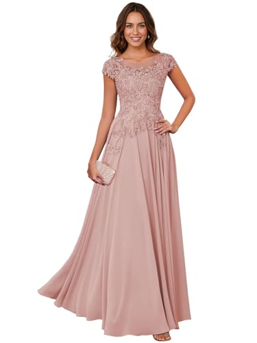 Image of Lace Applique Chiffon Mother of Bride Dresses - Short Sleeve Pleated Long Mother of The Groom Dress
