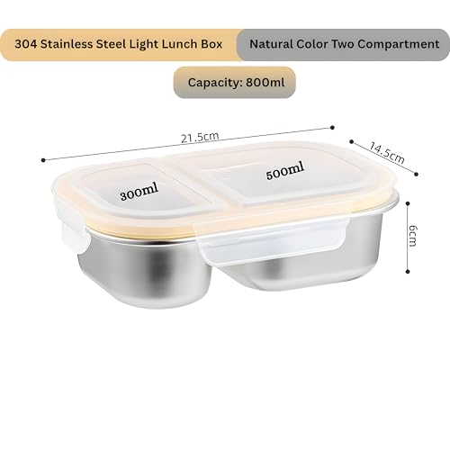 Image of Motka Premium 800 ml 2-Compartment Bento Lunch Box | Stainless Steel Slim Compact Tiffin | Leak-Proof Food Container| BPA & Odour-Free| Dishwasher Safe | Ideal for Office, Travel & School (Natural)