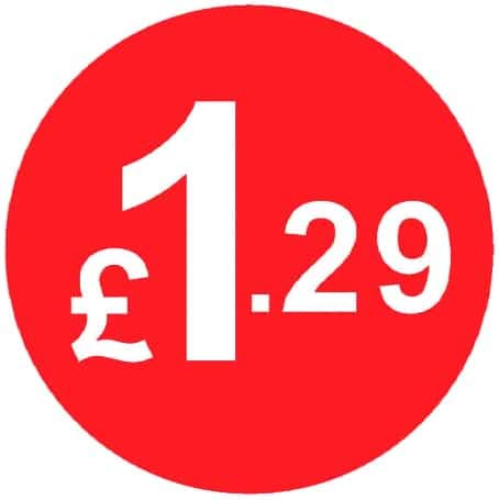 £ Red Price Stickers - 45mm, £1.29, 10000