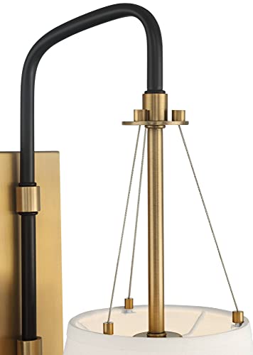 Image of Possini Euro Design Crysta Mid Century Modern Wall Light Sconce Warm Brass Black Hardwired 8 inch Fixture White Linen Drum Shade for Bedroom Living Family Room Home Hallway Dining House