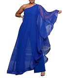 PORRCEY Sexy Women One Shoulder Chiffon Sleeve Romper Tight Jumpsuit Party Club Night Outfit(K2816,Blue,M)
