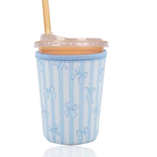 Image of Reusable Insulated Sleeve for Iced Coffee Cup, Coffee Neoprene Sleeve for Cold & Hot Drinks, Beverage Holder for Iced Coffee (Blue Stripe Bows, Small: 16-18oz)
