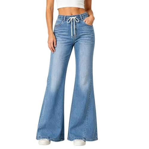 TRCELECTROP Womens Flare Jeans High Waisted Wide Leg Denim Pants Y2k Casual Baggy Drawstring Elastic Waist Bootcut Jeans - image 2