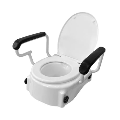 MAS QUE AYUDAS – Elevador WC Regulable en 3 Alturas 5/10/15 cm, con Reposabrazos Abatibles y Tapa, Montaje Seguro, Personas Mayores y Movilidad Reducida, Soporta 130 Kg