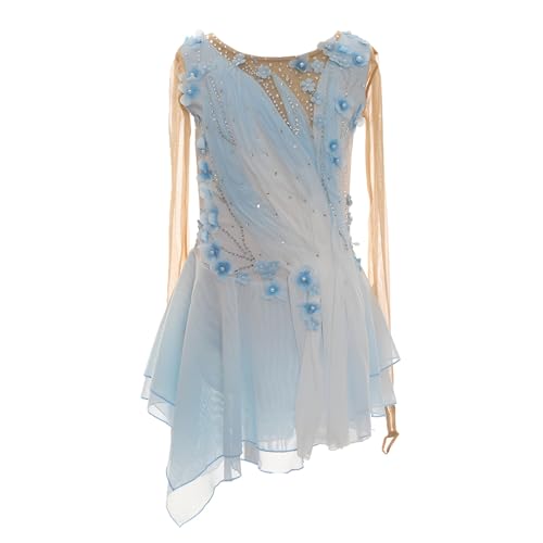Figure Skating Dresses for Girls, Women's Long Sleeves Competition Ice Skating Dresses with Crystals Decorate(XX-Large) Blue