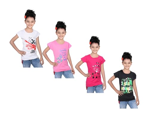 Image of indi weaves Girls Pure Cotton Chest Printed Half Sleeves Round Neck T-Shirts (Pack of 4)
