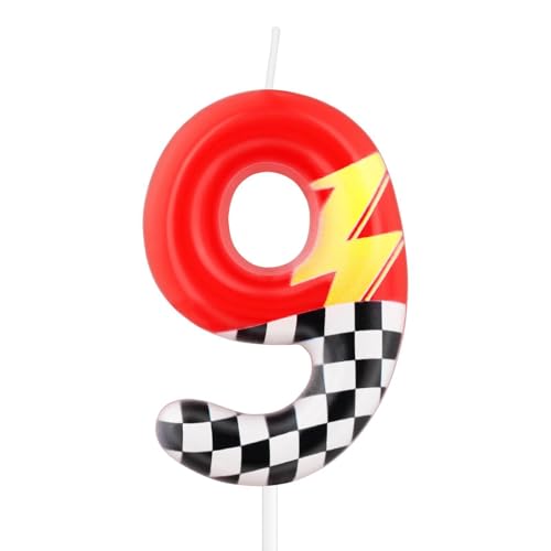 iNINGER Red Racing 9 Birthday Candles,9th Birthday Decorations for Boy Girl,Red Number 9 Candle for Cake,Hot Cartoon Anime Cars Cake Toppers for Racing Cars Themed Party Decorations Supplies