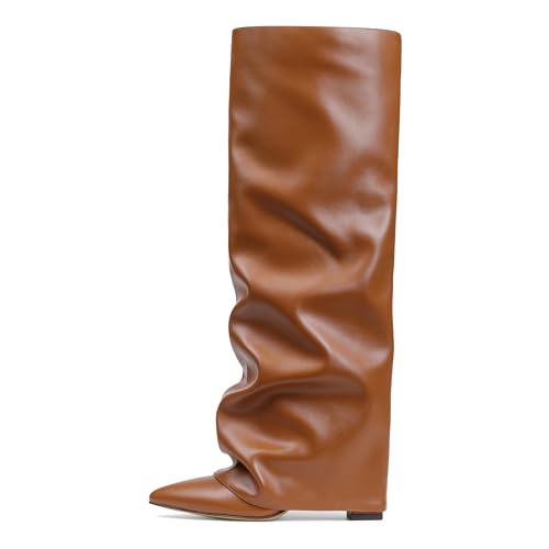 Image of SaraIris Women's Slouchy Knee High Boots - Black, Pointed Toe, Fold Over, Chunky, Shark Boots