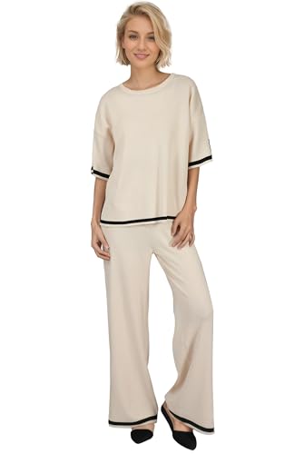 Image of Sweater Set Women 2 Piece Outfit, Beige Lounge Sets for Women with Elastic Waist, Crew Neck, Side Split, Coords Set Women