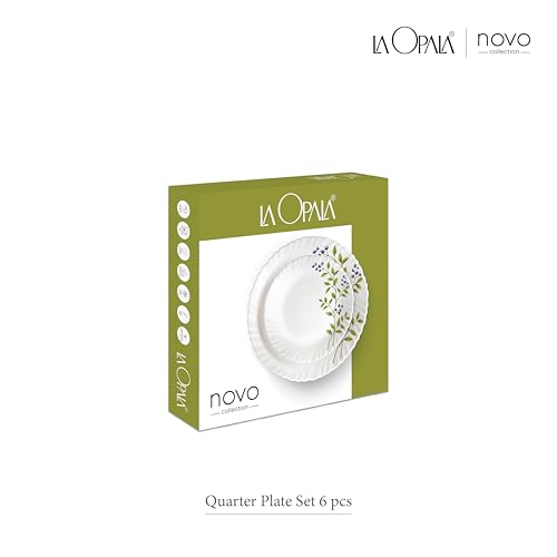 Image of La Opala Novo Collection Opal Glass Crockery | Quarter Plate Set of 6 | Aqua Spray Design | Plates for Snacking & Gifting | Microwave Safe | 100% Vegetarian | Extra Strong | Super Light & White