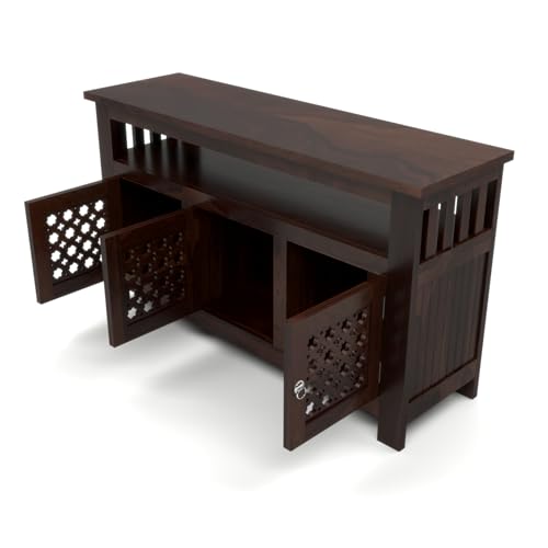 Image of Solid Sheesham Wood TV Unit Cabinet with Carved Doors | Wooden Entertainment Unit for Living Room | Multipurpose Sideboard for TV, Decor & Home Organization (Walnut Finish)