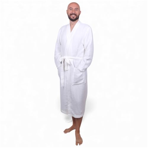 Image of Muslin Bathrobe - Cotton Gauze Robe for Women and Men - Lightweight Breathable Summer Kimono - Boho Spa /Maternity Robe