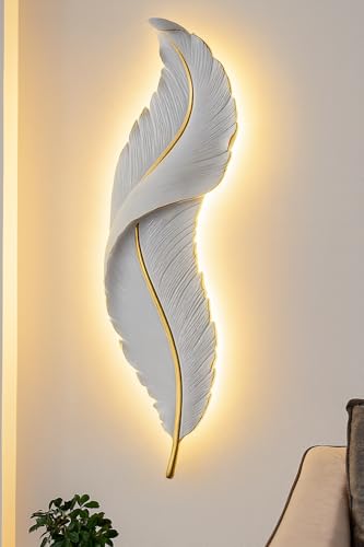 Image of UJALAVISTA Feather Shape Wall Lamp | 65cm Acrylic Fancy Wall Light | 3-Color LED (Warm /Natural /Cool) | Modern Decorative Wall Sconce for Living Room & Bedroom (White Feather) (1, White) | PVC body, wall-mount kit included. Warm /Natural /Cool LED modes. For living room, bedroom, hallway, TV unit walls.