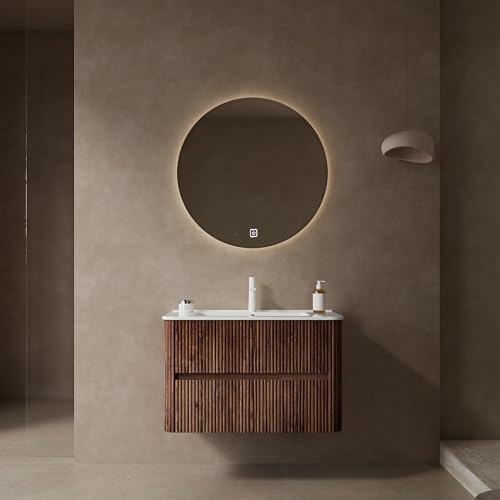 GUCOGUKA Wall-Mounted Bathroom Vanity, 30'' Floating Vanity with Sink Combo, Plywood Bathroom Vanity with 2 Soft-Close Drawers, Sink Hole Cover and Drain, Retro Walnut