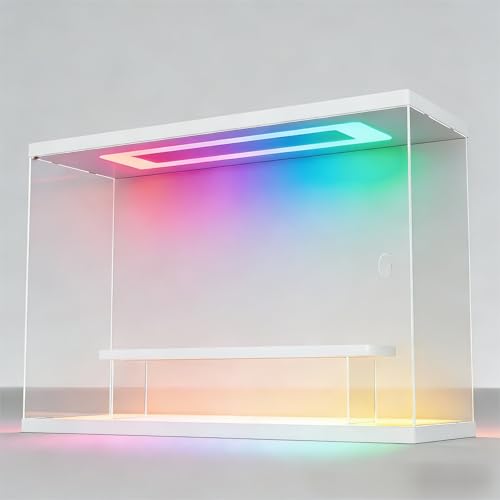 Image of Clear Acrylic Display Case with RGB LED Light, 2 Tier Dustproof Showcase for Collectibles, Figures & Model Cars, Stackable Display Box (White, 12x4x8 in)