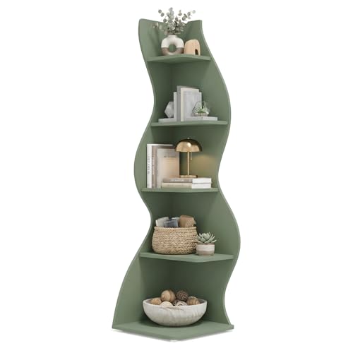 Arvolia 70 Inch Corner Bookshelf, Modern 5-Tier Small Bookshelf with Unique Curved Design, Freestanding Vertical Storage Shelf for Living Room, Bedroom or Home Office (Sage Green)