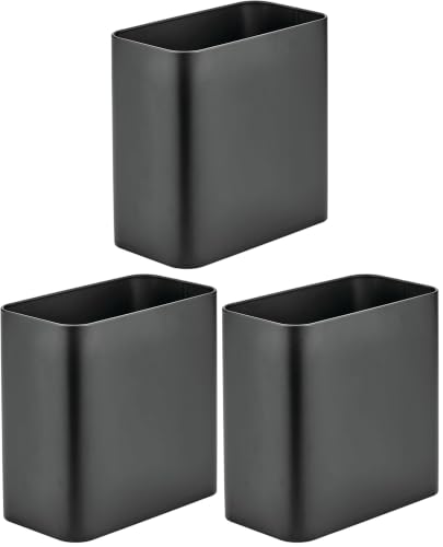Image of mDesign Small Metal 2.4 Gallon /9 Liter Trash Can Wastebasket Garbage Bin for Bathroom, Slim Rubbish Waste Bin Trashcans - Mirri Collection - Black (Pack of 3)