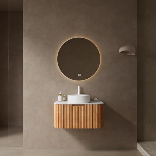 Image of KEIKI 30 inch Bathroom Vanity Cabinet with Sink Combo, Wall Mounted Curved Edges Striped Floating Bathroom Vanity with Soft-Close Drawer, White Round Ceramic Basin Without Faucet, Natural Wood