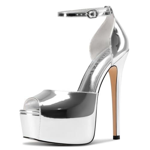 Image of TNYNFBEB Womens Stiletto High Platform Heel Peep Open Toe Sandals Ankle Strap Buckle Prom Party Dress Patent Leather 6.1 Inches Heels