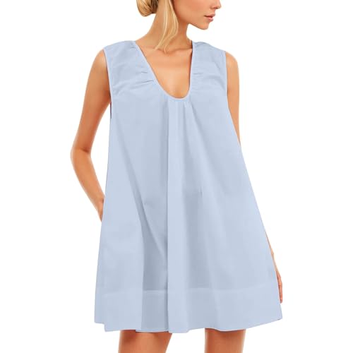 Camisón sin mangas para mujer, cuello redondo, minivestido con bolsillos, corte holgado, transpirable, vestido corto de verano con fruncido, ligero, cómodo, vestido de noche de verano, O azul., XL