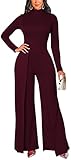 Plus Size Formal Jumpsuit for Women Dressy Crew Neck Long Sleeve Long Loose Wedding Work Wide Leg Pants Rompers Back Zipper Burgundy