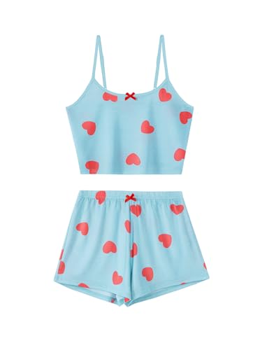 Image of Hilinker Womens Graphic 2 Piece Pajama Set Summer Cute Crop Cami and Shorts Ribbed Lounge Sets
