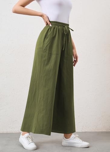 Womens Casual Linen Wide Leg Pants Trousers High Waisted Drawstring Tailored Baggy Pant Palazzo Lounge Pant Pockets3