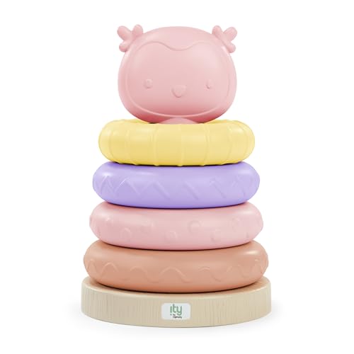Image of Ingenuity ity Cutie Stacks, 4 BPA-Free Rings, Faux Wood Stand, Owl Topper, Unisex, for Ages 6 Months and Up - Nally (Pack of 2)
