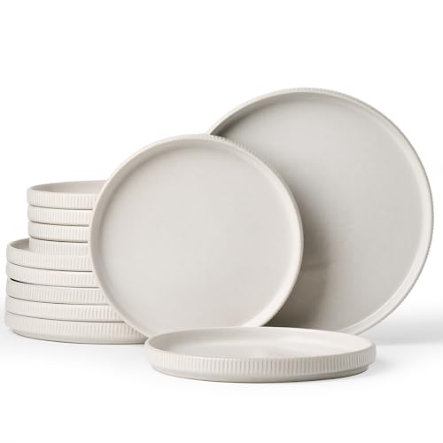 Image of Famiware Star 12-Piece Stoneware Flat Plate Set for 6-10.5 inch Dinner Plates & 8 inch Salad Plates, High Edge Dishes Dinnerware Sets, Chip & Scratch Resistant, Microwave & Dishwasher Safe, Matte White