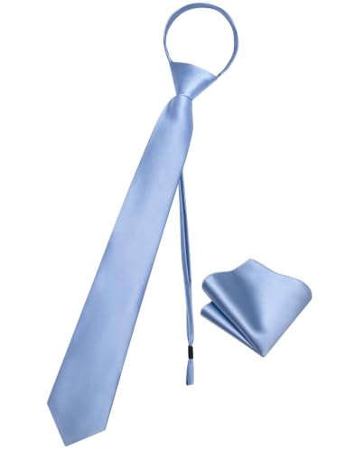 Image of Zipper Tie for Men Adjustable Pre-tied Satin Neckties and Pocket Square Set Solid Color Business Formal Wedding