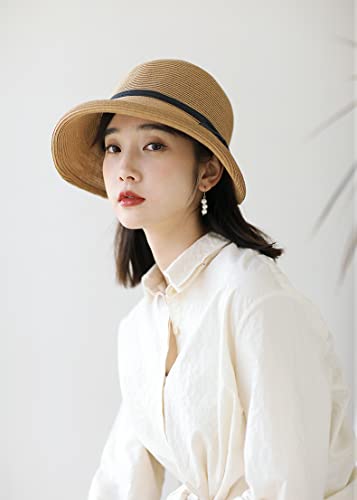 Straw Beach Sun Hat For Women Summer Bucket Hat Elegent Vintage 1920S Packable Spf Uv Protection Boho Hat (Khaki) #TOP6