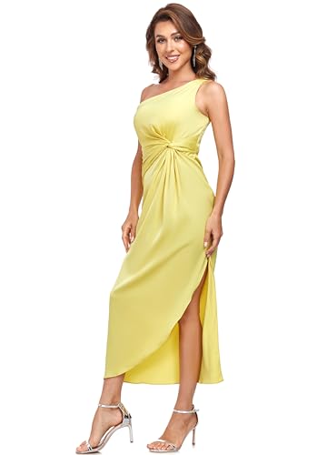 Image of Women's One Shoulder Satin Silk Backless Split Wrap Hem Twist Ruched Summer Party Cocktail Midi Dress