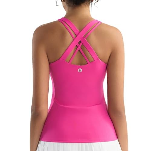 RUNNING GIRL Tank top with Built in Bra for Women,Compression Shirts Crisscross Back Workout Yoga Tops Bright Pink X-Large