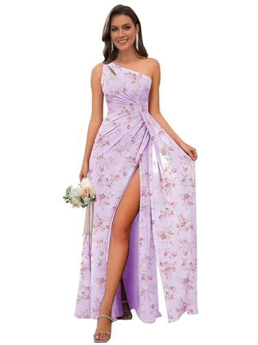 Image of OFEECHUN Women's Chiffon One Shoulder Bridesmaid Dresses Long Pleated Formal Evening Gowns with Slit