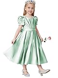 Jrswiol Agave Satin Flower Girl Dress for Wedding Puff Short Sleeve Princess Junior Bridesmaid Dresses with Bow Infant Baby Formal Party Pageant Dress for Toddler,Agave,US2