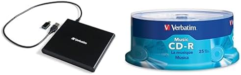 Bundle of Verbatim Slimline CD/DVD Drive - External USB 2.0 CD DVD + Verbatim Music CD-R 40X 80 Minute 700 MB Blank Recordable Audio Discs 25pk Spindle