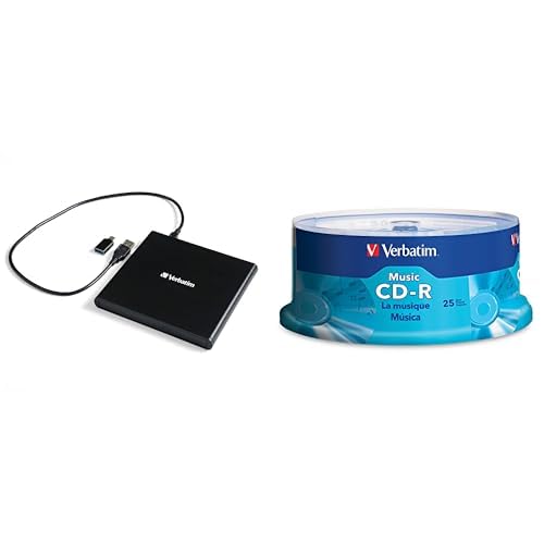 Image of Bundle of Verbatim Slimline CD /DVD Drive - External USB 2.0 CD DVD + Verbatim Music CD-R 40X 80 Minute 700 MB Blank Recordable Audio Discs 25pk Spindle