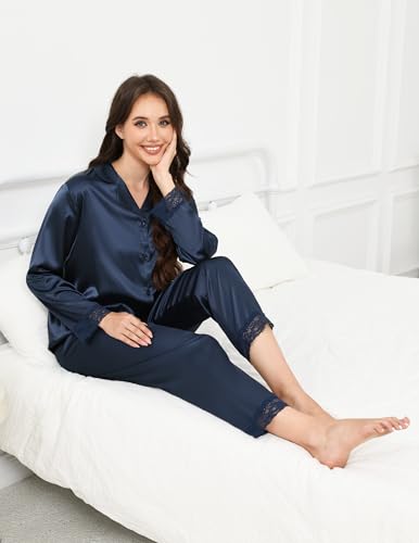 TeJoyce Pijama Mujer Seda Largo Invierno, Dos Piezas Raso Ropa de Dormir, Conjunto Satén Camiseta Encaje Manga Larga con Botones Abierto y Pantalón, Elegante y Cómodo Ropa de Casa S-XXL - imagen 7