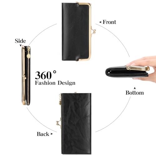 Image of GOIACII Womens Wallet Kiss Lock Bifold Leather Wallets for Women Black | Vintage Wallet for Women,Ladies Clutch Purse,Women's Card Holder Wallet with Zipper