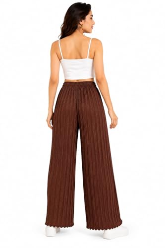 Image of Women's Textured Wide Leg Pants, Brown, Elastic Waist with Drawstring, Casual Style